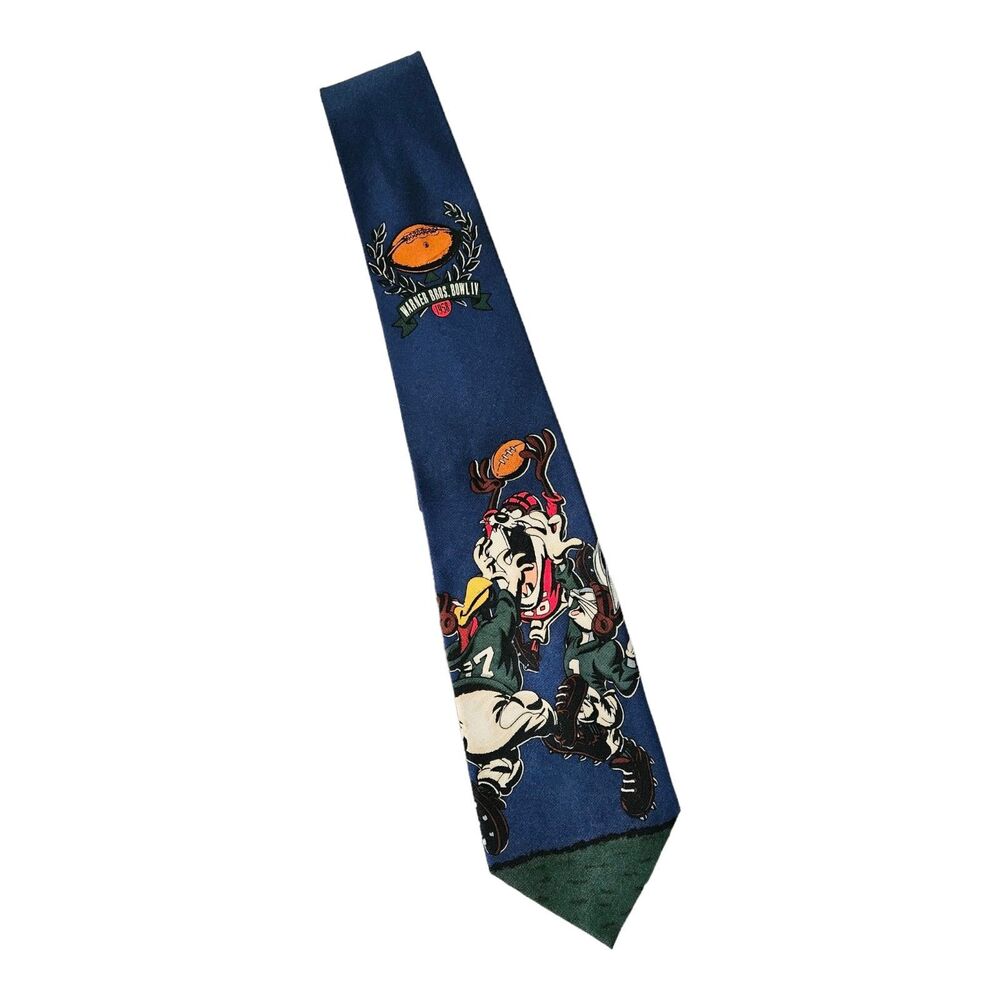 Warner Bros Bowl IV Looney Tunes Taz Bugs Bunny Vintage 1993 Silk Tie Navy Blue